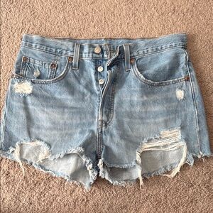 Levi's Blue Distressed Jean Shorts with Frayed Hem